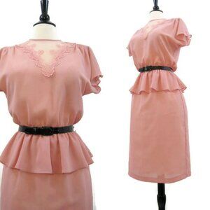 Vintage 80s Pink Peplum Dress Victorian Inspired Lace Crepe Nu-Mode